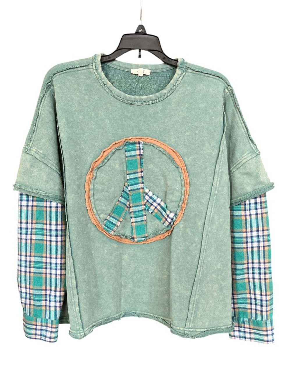 Easel Green Plaid Peace Layered Washed Knit Long Sleeve Pullover Sweatshirt SZ S - Picture 2 of 10